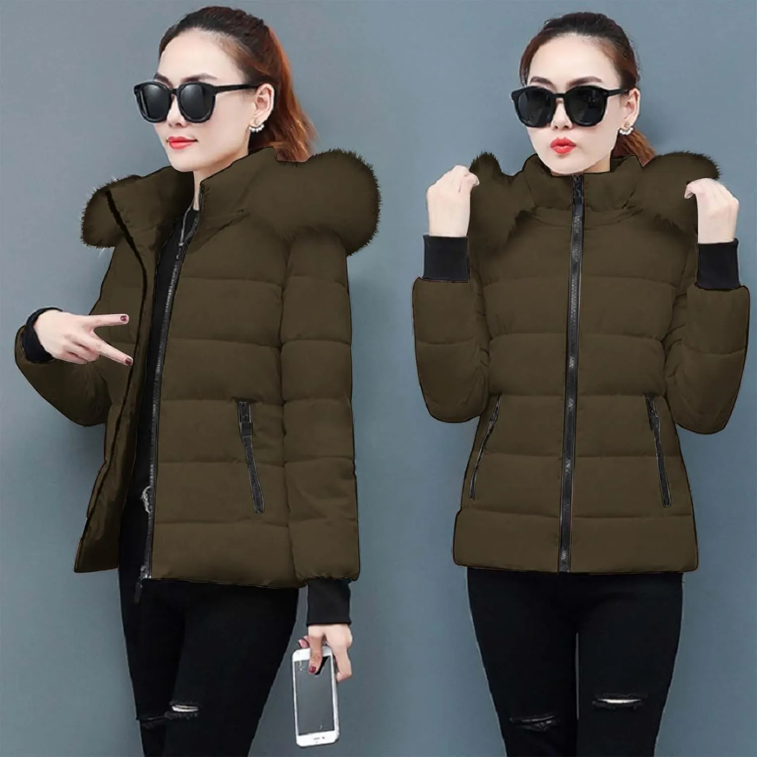 Winter Coats for Women Fashion Full Zip Long Sleeve Hood Cropped Puffer down Jackets Casual Slim Fit Warm Padded Coat