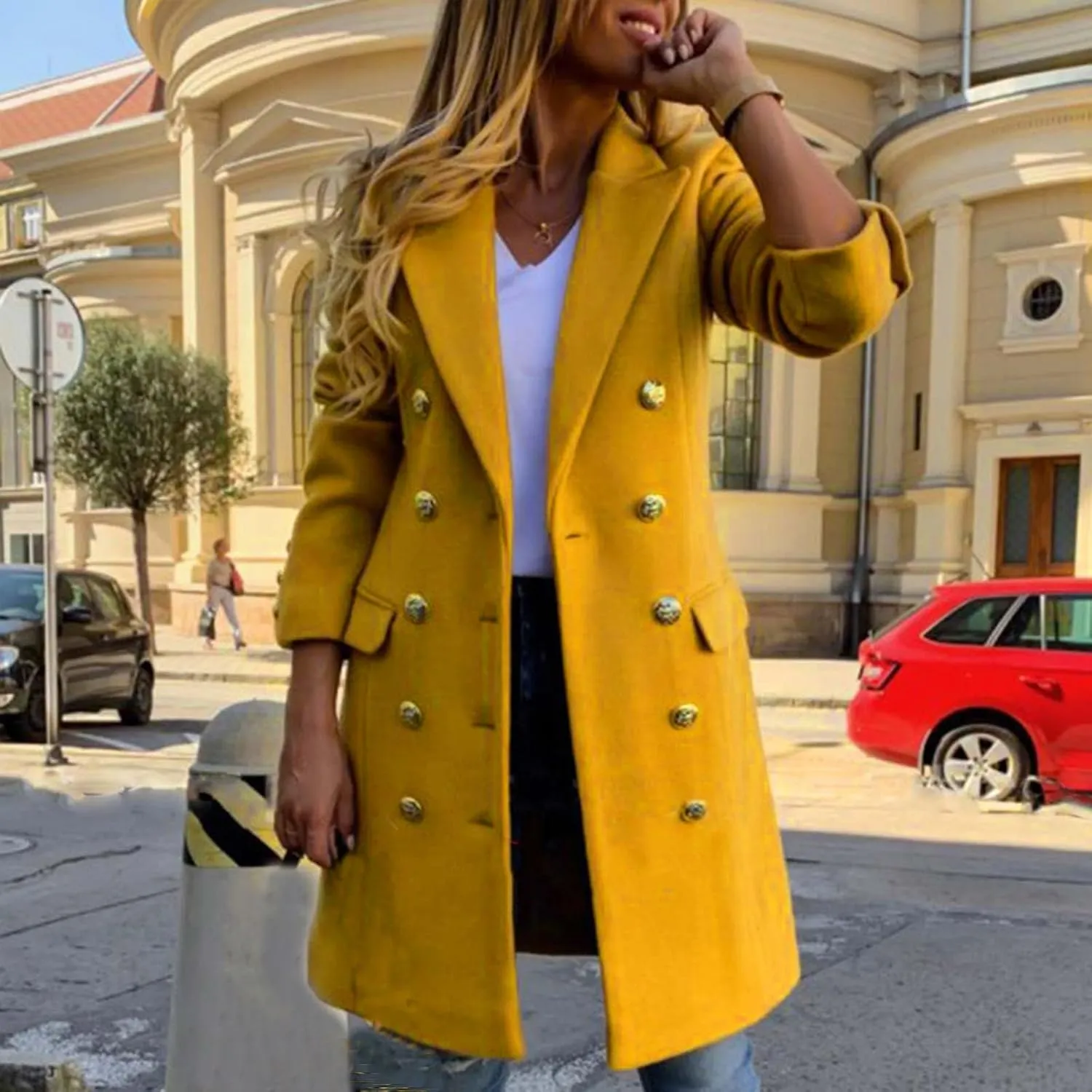 Winter Trench Coat for Women Casual Thicken Wool Blend Overcoat Notch Lapel Double-Breasted Office Dress Coats