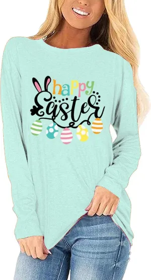 Woffccrd Long Sleeve T-Shirts Happy Easter Shirts Crew Neck Autism Awareness Shirts Spring Tops