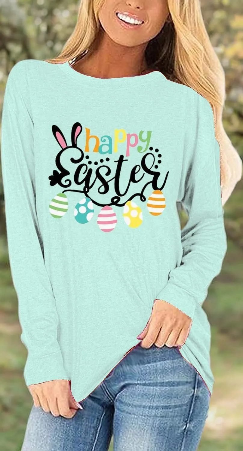 Woffccrd Long Sleeve T-Shirts Happy Easter Shirts Crew Neck Autism Awareness Shirts Spring Tops
