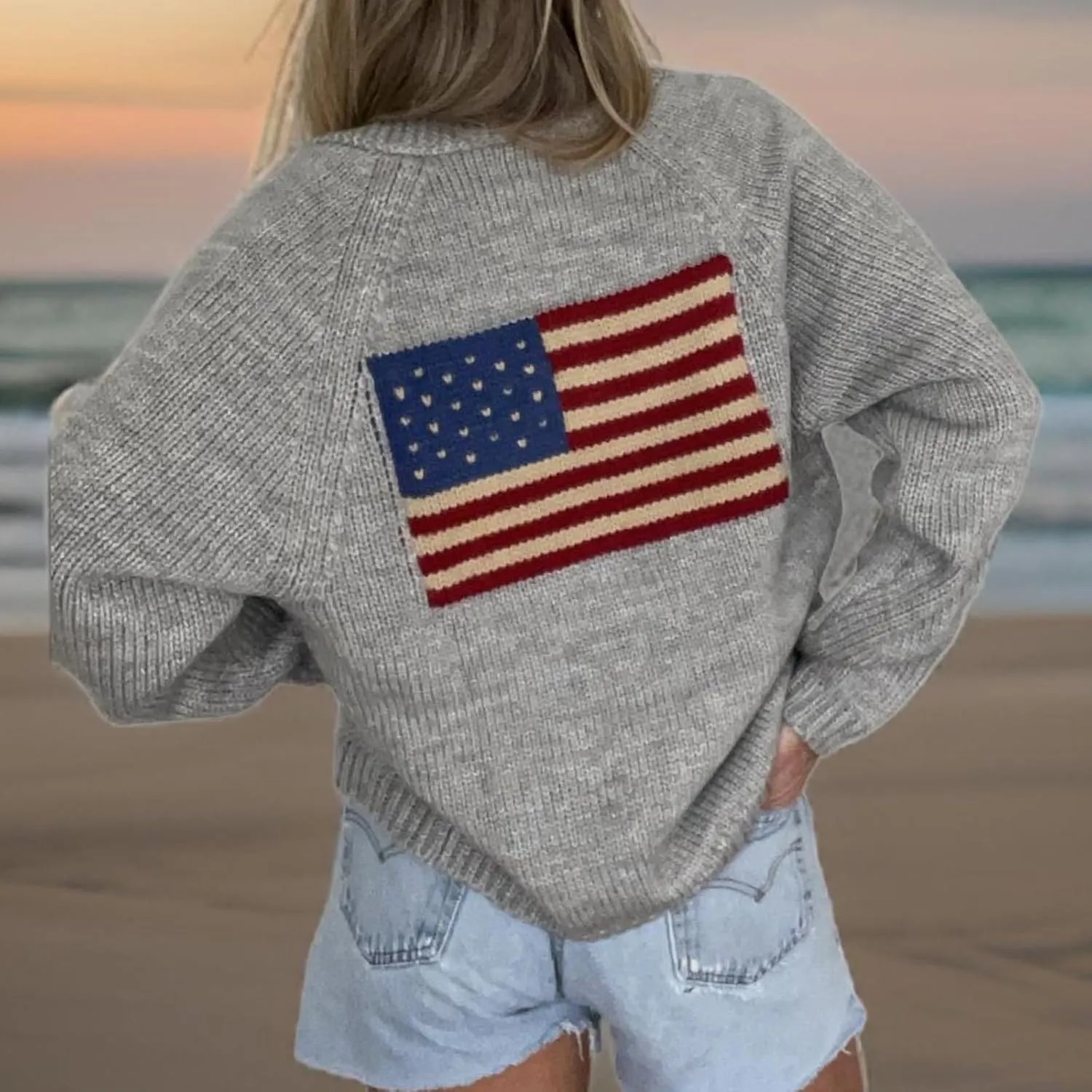 Women American Flag Cardigan Sweaters Y2k Long Sleeve Open Front Button Down Cardigans USA Flag Knitwear