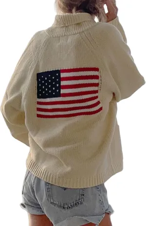 Women American Flag Sweater Cardigan Long Sleeve Open Front Patriotic Top July 4th Oversized Knitwear Cardigans
