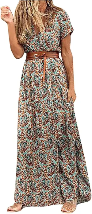 Women Boho Causal Summer Dress Short Sleeve High Waist Maxi Long Dresses 2024 Trendy Dress Beach Vacation Clothing
