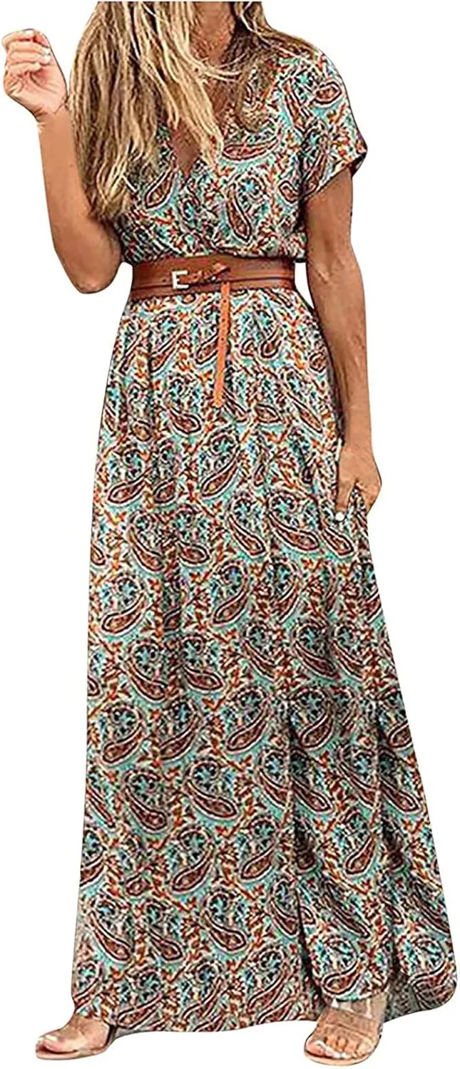Women Boho Causal Summer Dress Short Sleeve High Waist Maxi Long Dresses 2024 Trendy Dress Beach Vacation Clothing