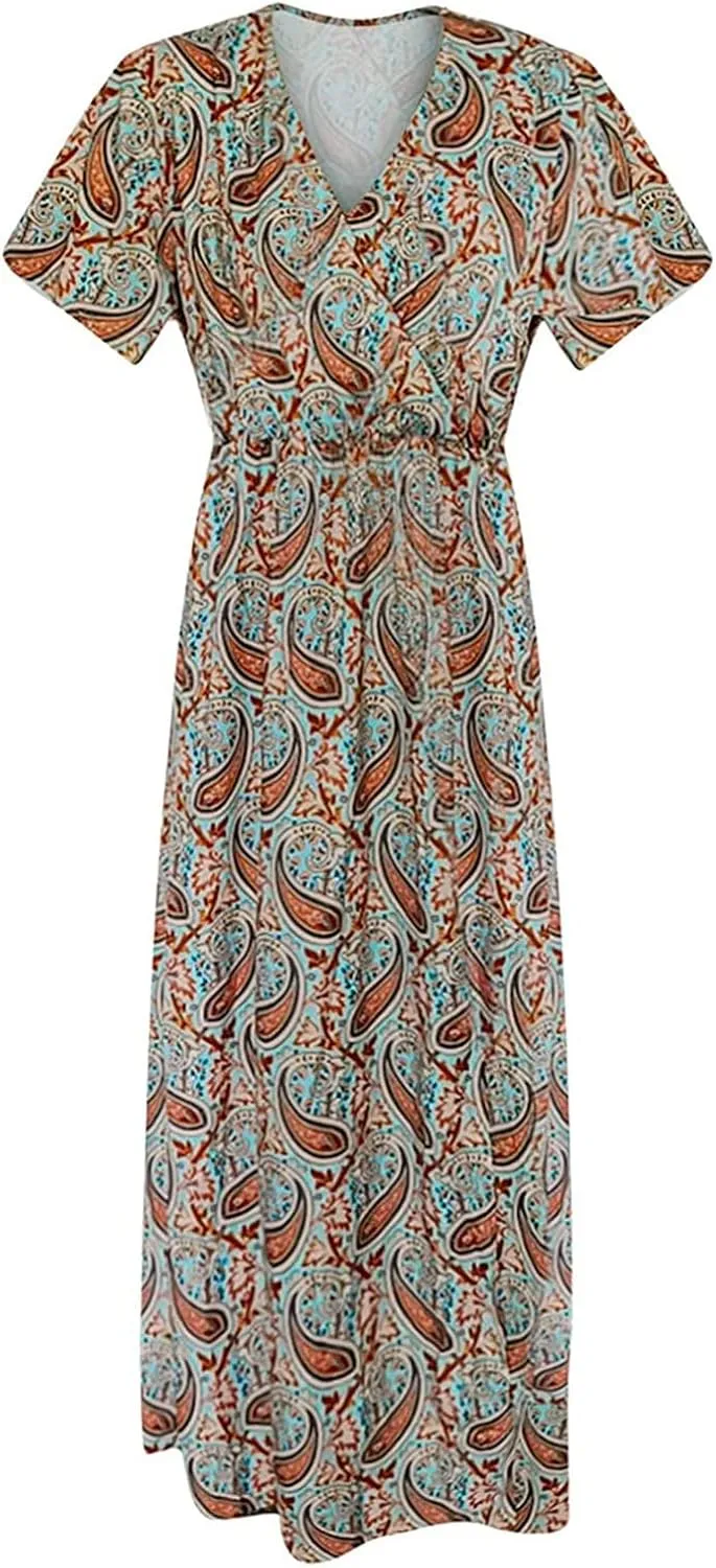 Women Boho Causal Summer Dress Short Sleeve High Waist Maxi Long Dresses 2024 Trendy Dress Beach Vacation Clothing