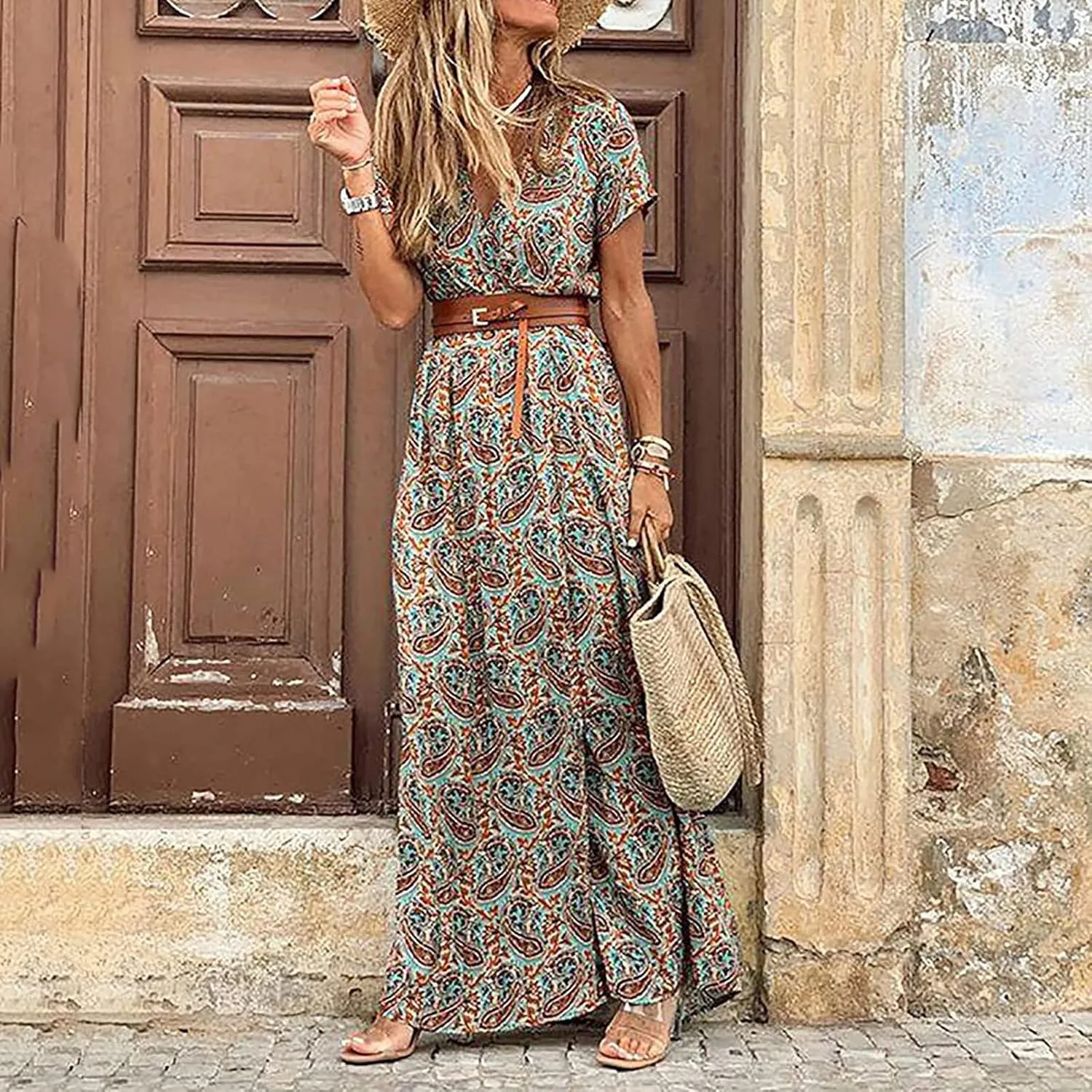 Women Boho Causal Summer Dress Short Sleeve High Waist Maxi Long Dresses 2024 Trendy Dress Beach Vacation Clothing