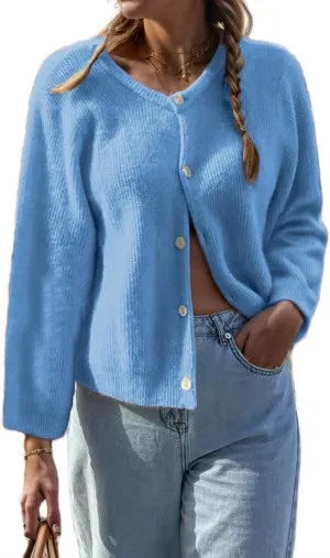 Women Casual Cardigan Sweaters Long Sleeve Button Down Crewneck Soft Knit Tops Lightweight Knitwear