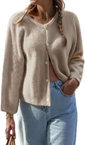 Women Casual Cardigan Sweaters Long Sleeve Button Down Crewneck Soft Knit Tops Lightweight Knitwear