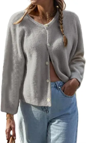 Women Casual Cardigan Sweaters Long Sleeve Button Down Crewneck Soft Knit Tops Lightweight Knitwear