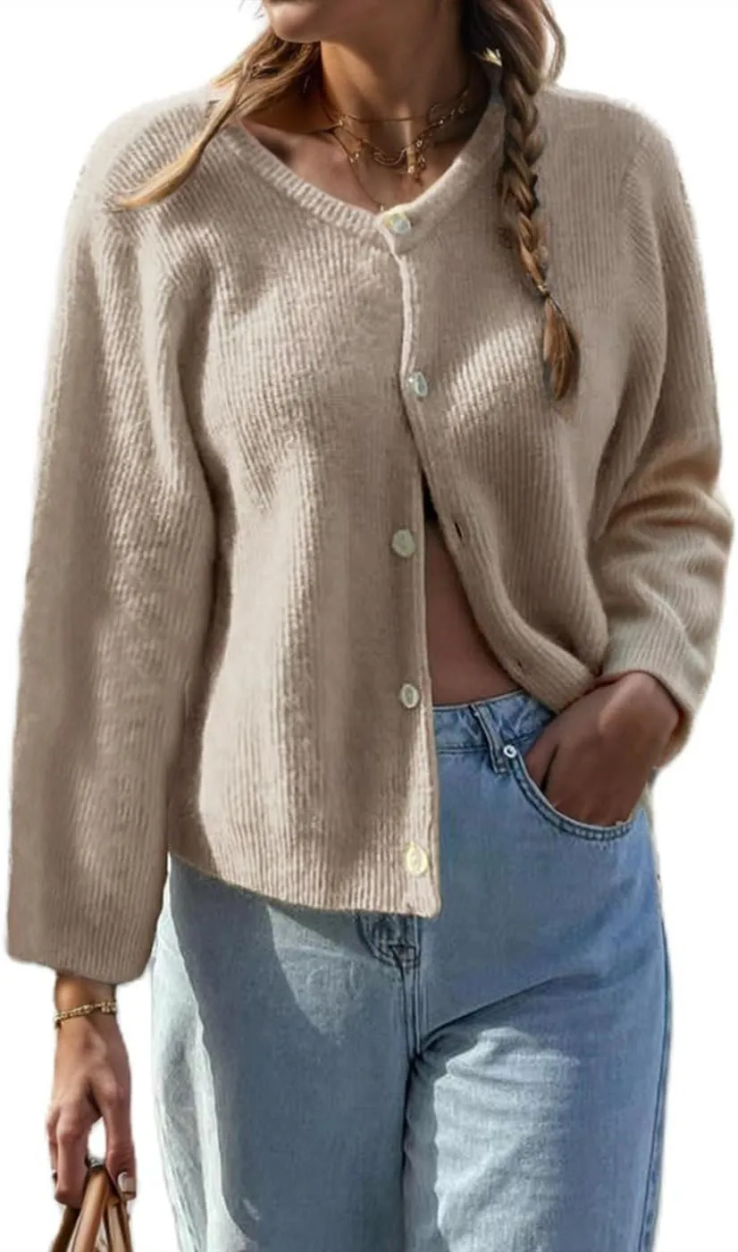 Women Casual Cardigan Sweaters Long Sleeve Button Down Crewneck Soft Knit Tops Lightweight Knitwear