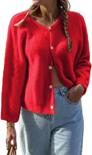 Women Casual Cardigan Sweaters Long Sleeve Button Down Crewneck Soft Knit Tops Lightweight Knitwear