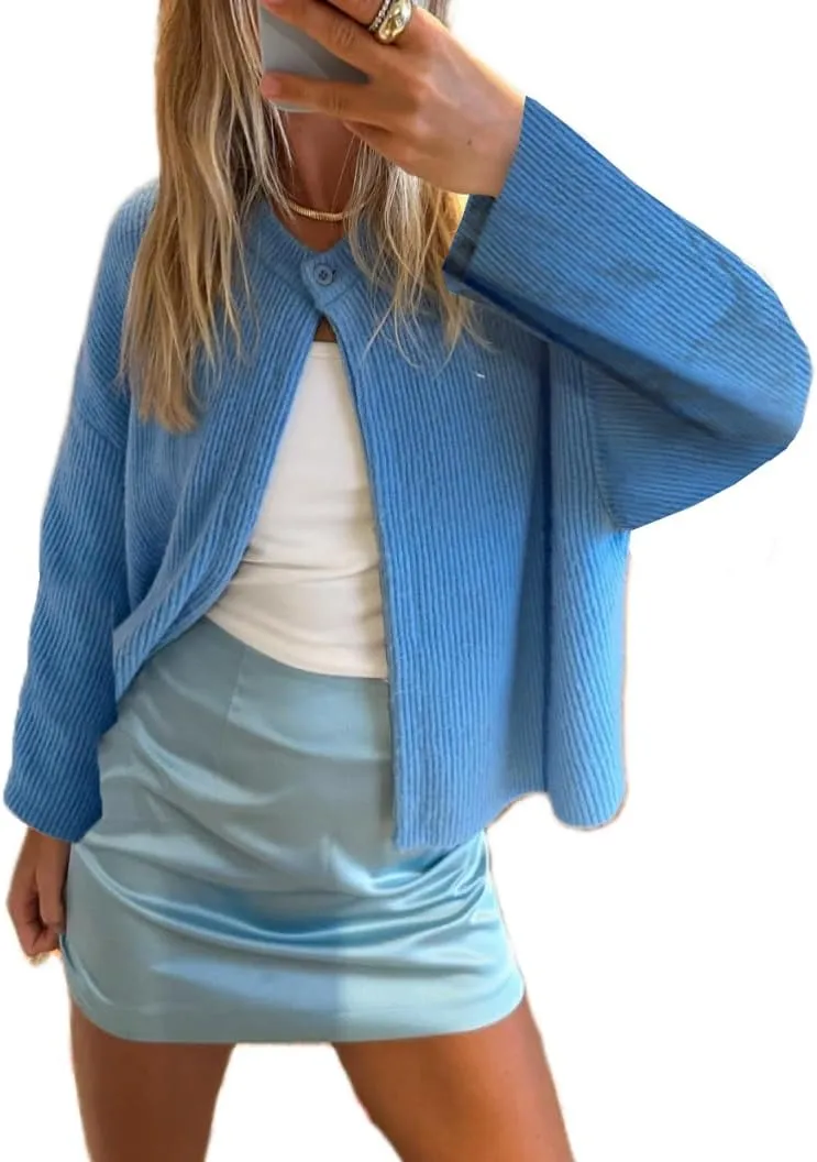 Women Casual Cardigan Sweaters Long Sleeve Button Down Crewneck Soft Knit Tops Lightweight Knitwear