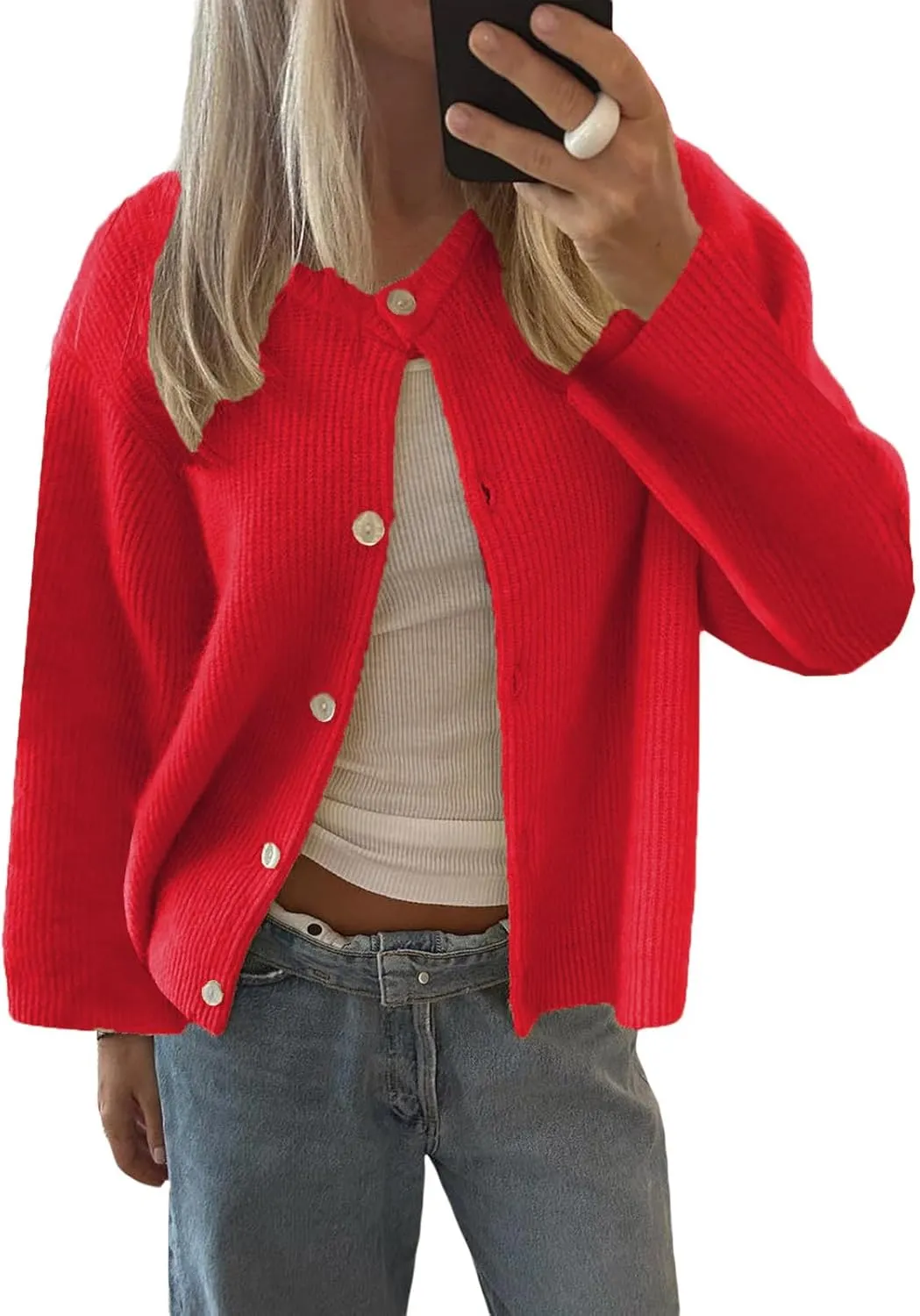 Women Casual Cardigan Sweaters Long Sleeve Button Down Crewneck Soft Knit Tops Lightweight Knitwear