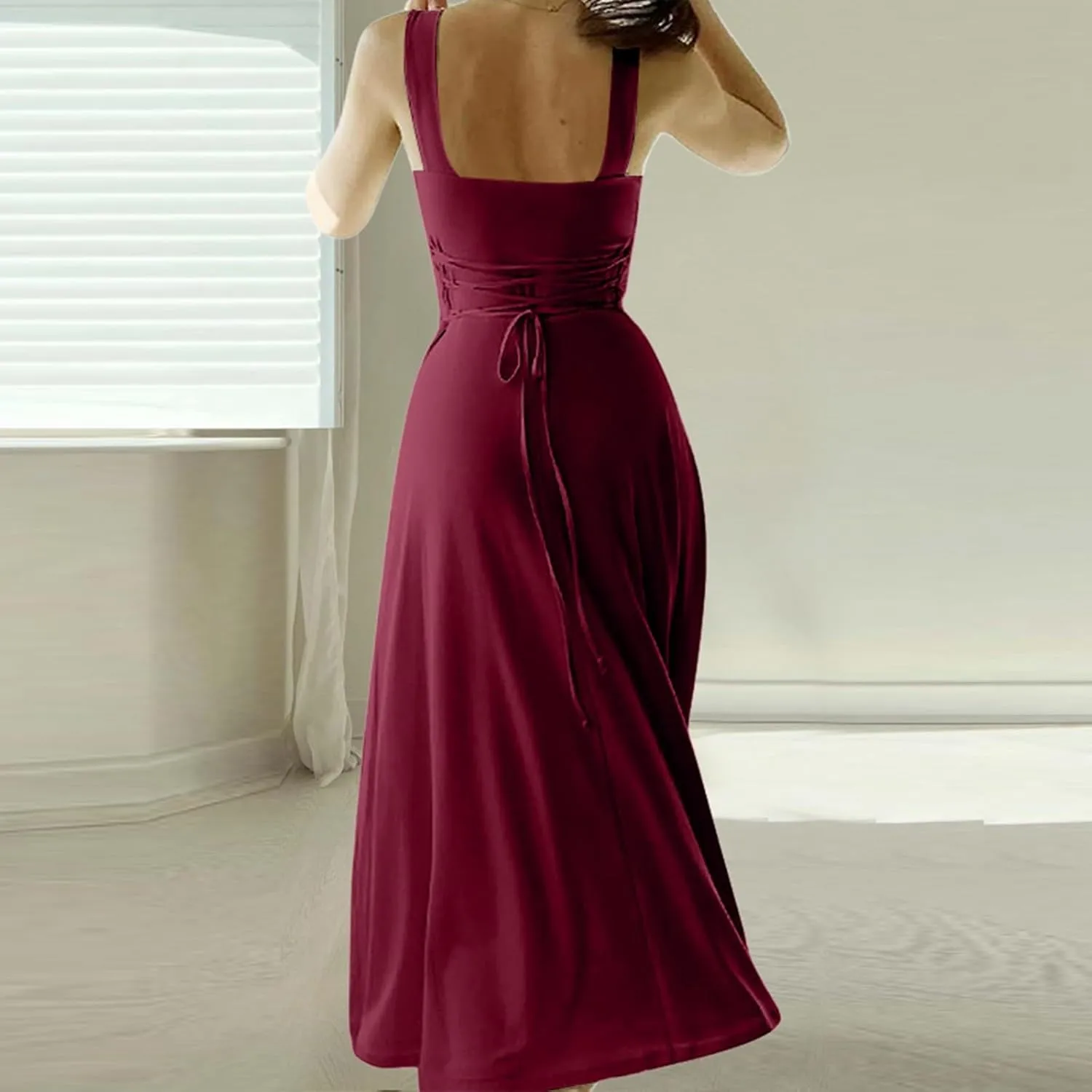 Women Casual Summer Dress Pleated Sundress Loose Split Tank Dress Long Beach Travel 2025 Vacation Dress