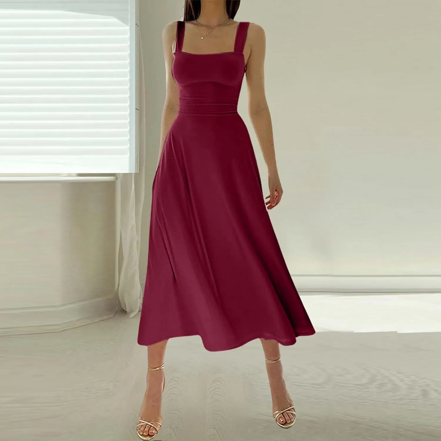 Women Casual Summer Dress Pleated Sundress Loose Split Tank Dress Long Beach Travel 2025 Vacation Dress