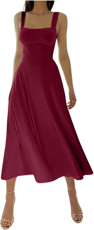 Women Casual Summer Dress Pleated Sundress Loose Split Tank Dress Long Beach Travel 2025 Vacation Dress
