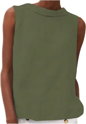 Women Cotton Linen Sleeveless Crop Tank Tops O Neck Shirt Casual Solid Color Loose Fit Comfy T-Shirt Blouse Vest