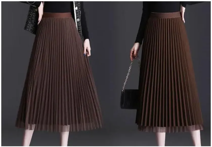 Women Fashion Elastic Waist Spliced Pleated Skirts Thick Loose Solid Color Skirts Midi A-Line Skirts