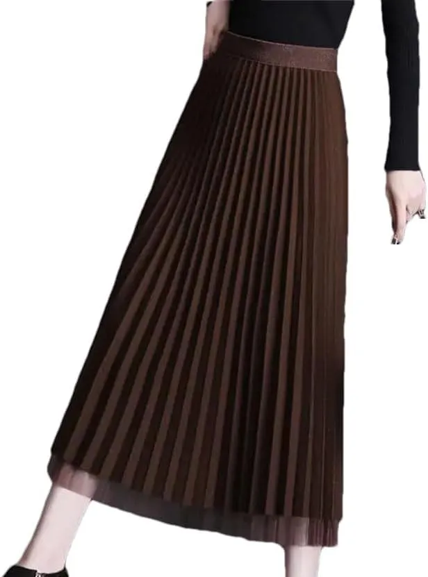 Women Fashion Elastic Waist Spliced Pleated Skirts Thick Loose Solid Color Skirts Midi A-Line Skirts