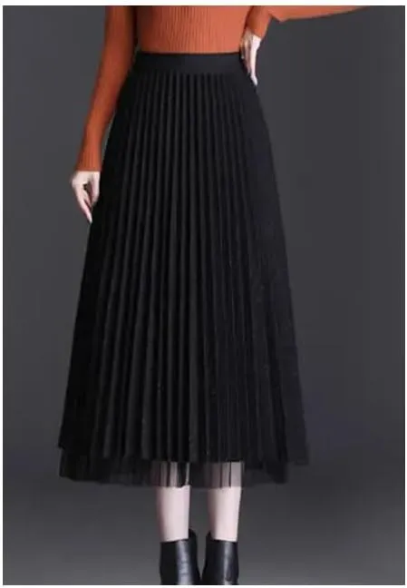 Women Fashion Elastic Waist Spliced Pleated Skirts Thick Loose Solid Color Skirts Midi A-Line Skirts