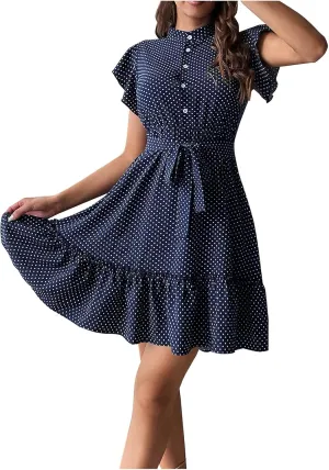 Women Floral Mini Dress Sexy V Neck Ruffle Sleeve Polka Dot Summer Dresses Summer Swiss Dot Flowy Short Mini Sundress