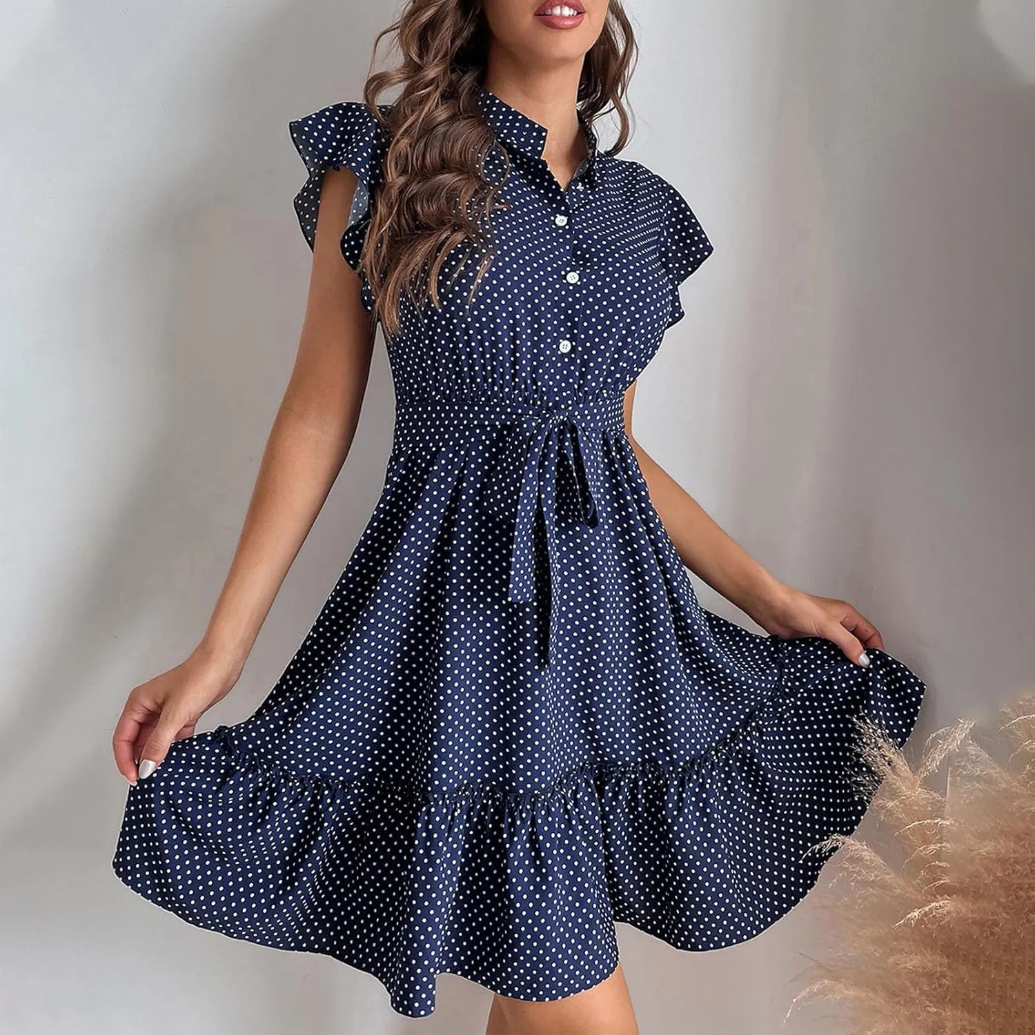 Women Floral Mini Dress Sexy V Neck Ruffle Sleeve Polka Dot Summer Dresses Summer Swiss Dot Flowy Short Mini Sundress