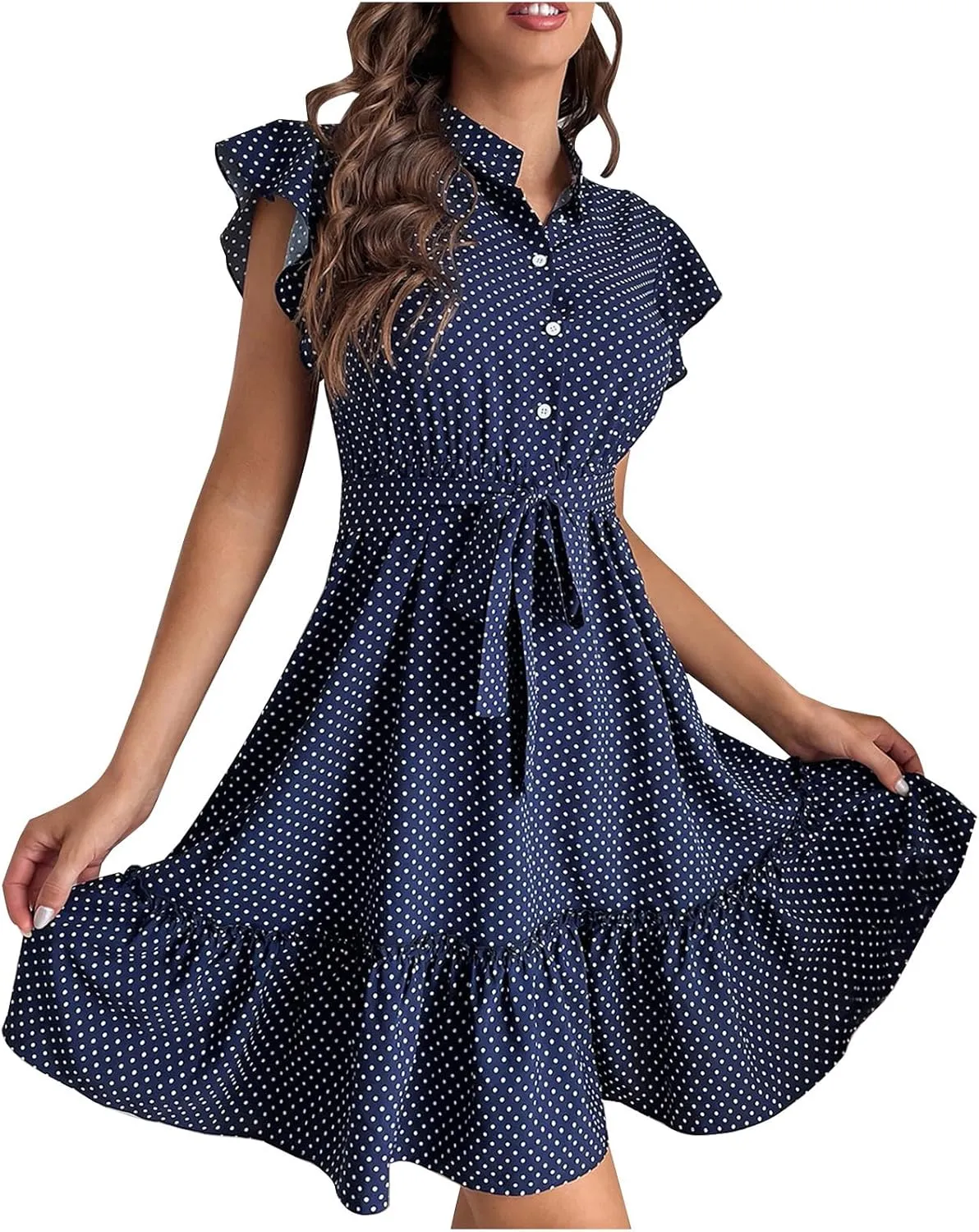 Women Floral Mini Dress Sexy V Neck Ruffle Sleeve Polka Dot Summer Dresses Summer Swiss Dot Flowy Short Mini Sundress