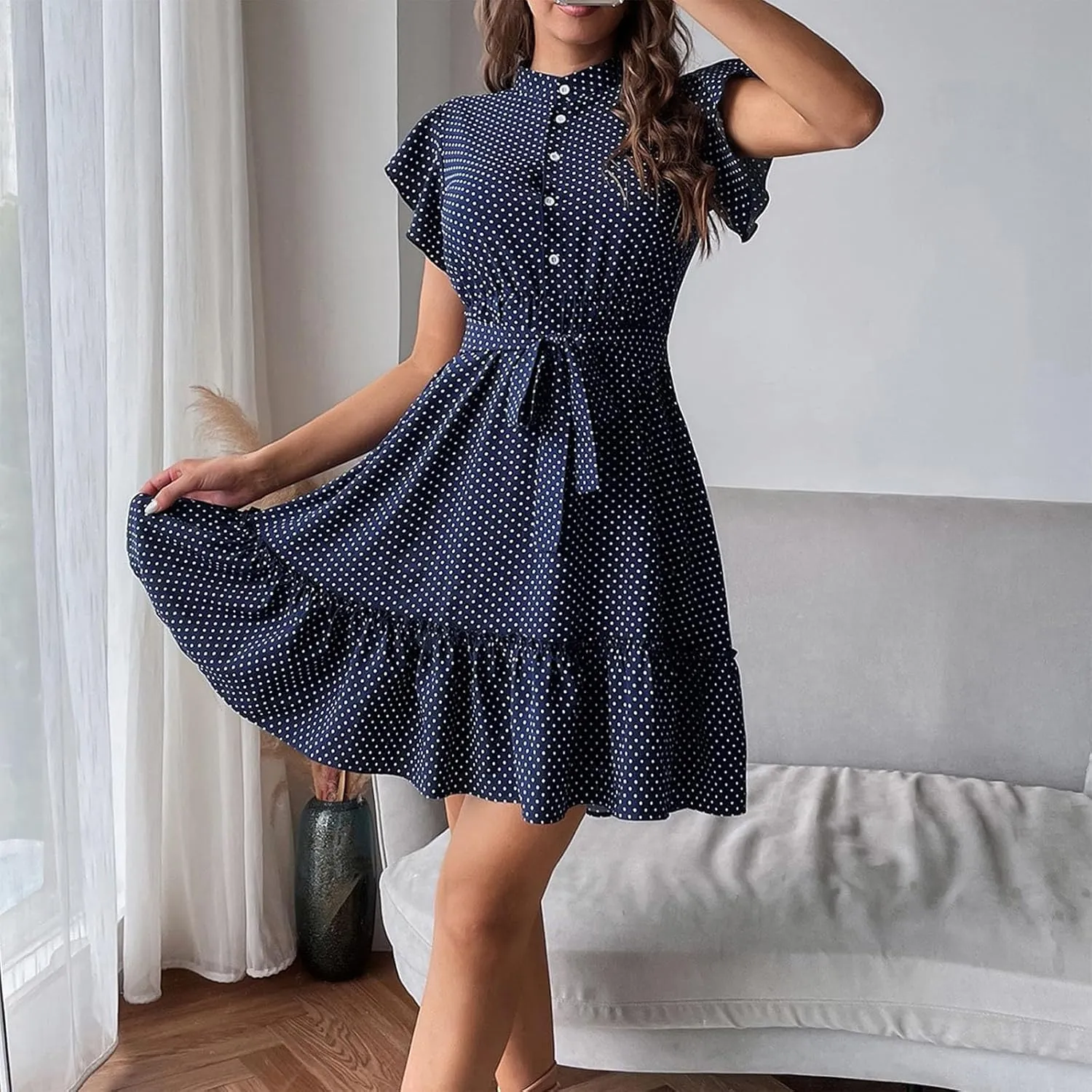 Women Floral Mini Dress Sexy V Neck Ruffle Sleeve Polka Dot Summer Dresses Summer Swiss Dot Flowy Short Mini Sundress