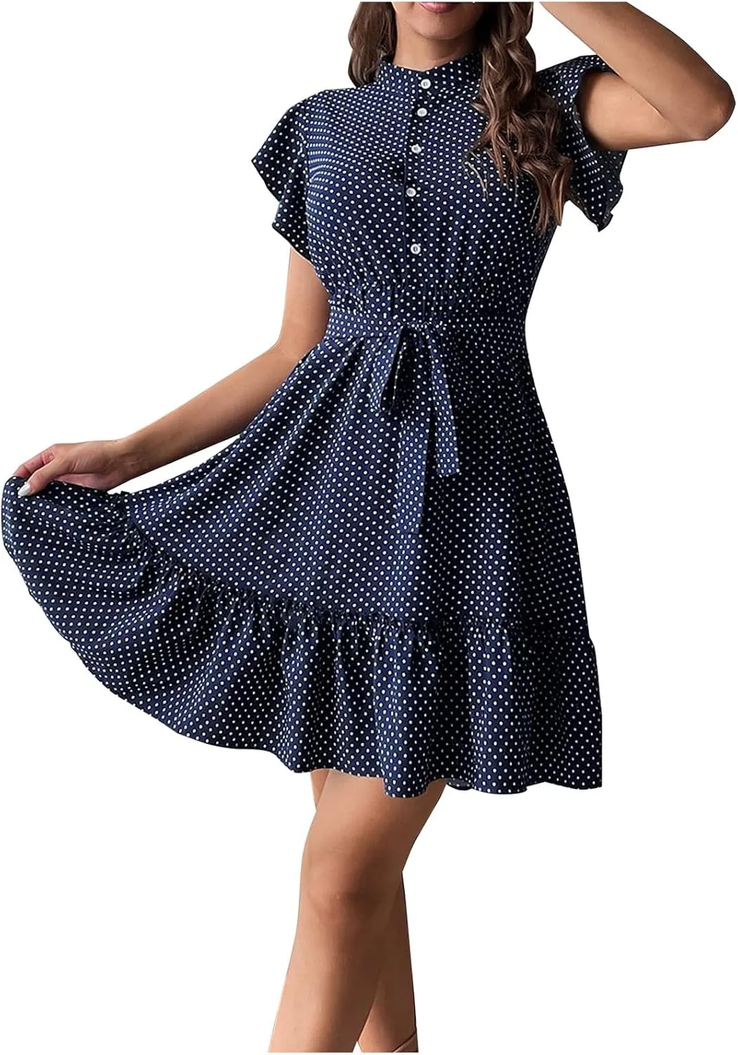 Women Floral Mini Dress Sexy V Neck Ruffle Sleeve Polka Dot Summer Dresses Summer Swiss Dot Flowy Short Mini Sundress