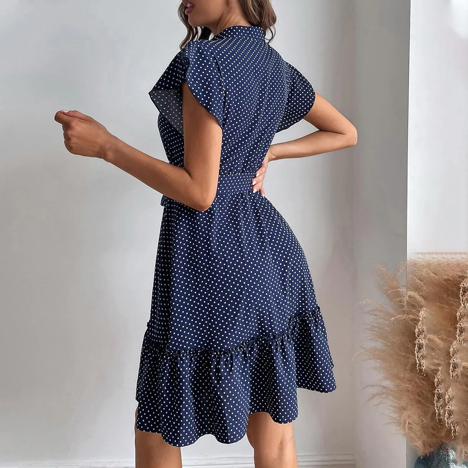 Women Floral Mini Dress Sexy V Neck Ruffle Sleeve Polka Dot Summer Dresses Summer Swiss Dot Flowy Short Mini Sundress