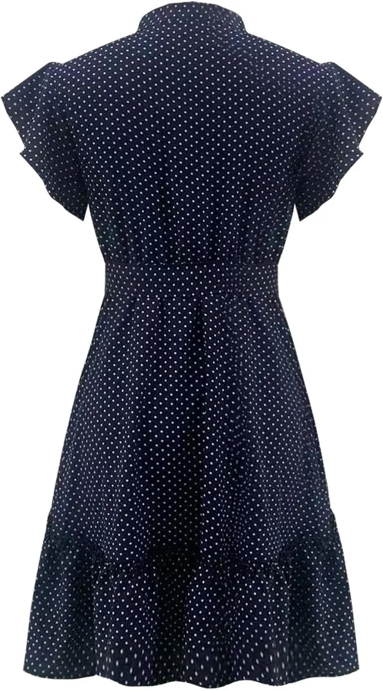 Women Floral Mini Dress Sexy V Neck Ruffle Sleeve Polka Dot Summer Dresses Summer Swiss Dot Flowy Short Mini Sundress