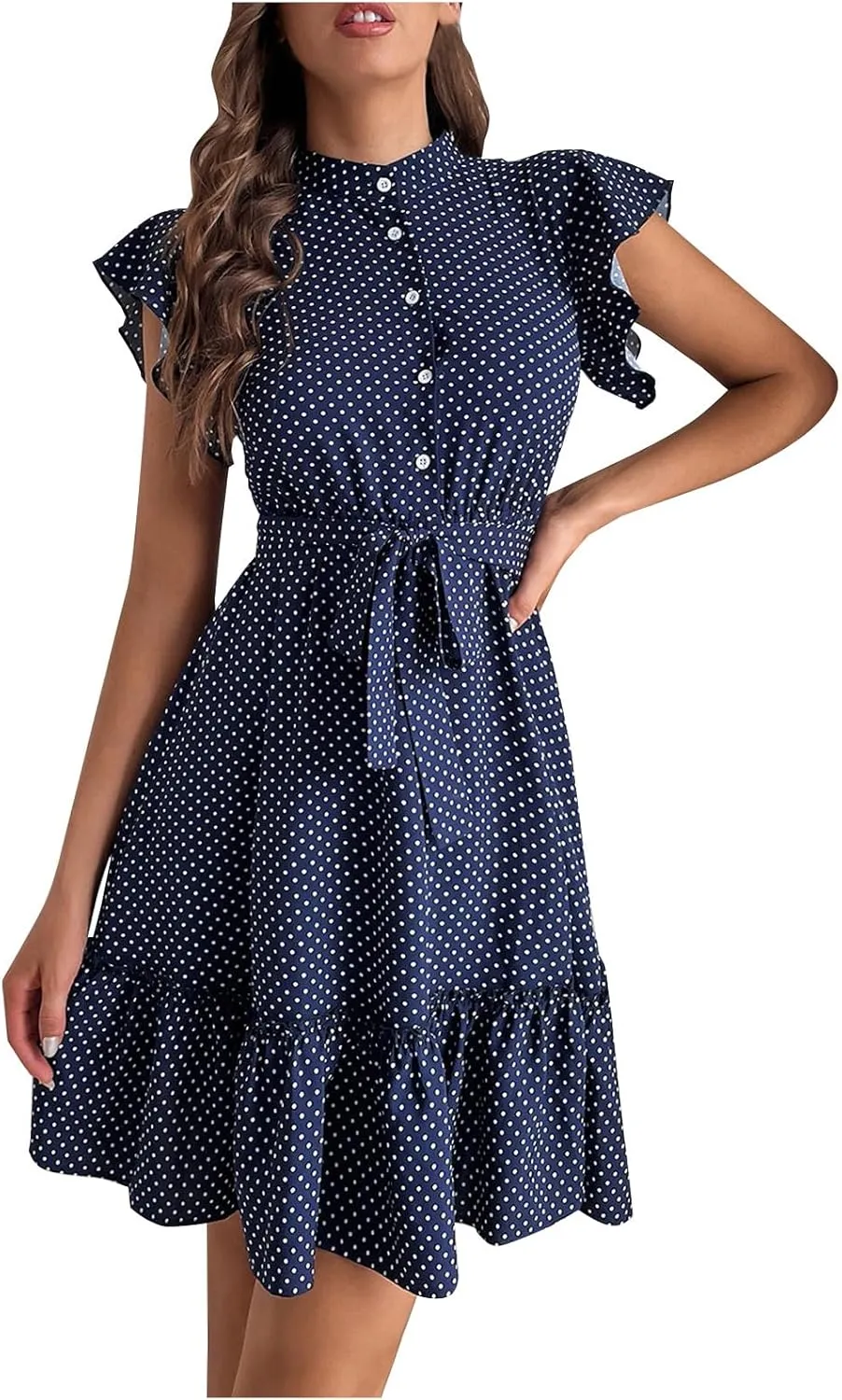 Women Floral Mini Dress Sexy V Neck Ruffle Sleeve Polka Dot Summer Dresses Summer Swiss Dot Flowy Short Mini Sundress