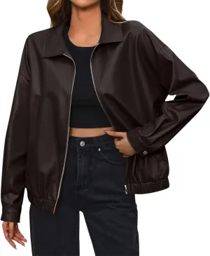 Women Leather Jacket Casual Zip Up Trendy Bomber Motorcycle Jacket Pu Moto Biker Coat Leather Shacket Outwear 2024