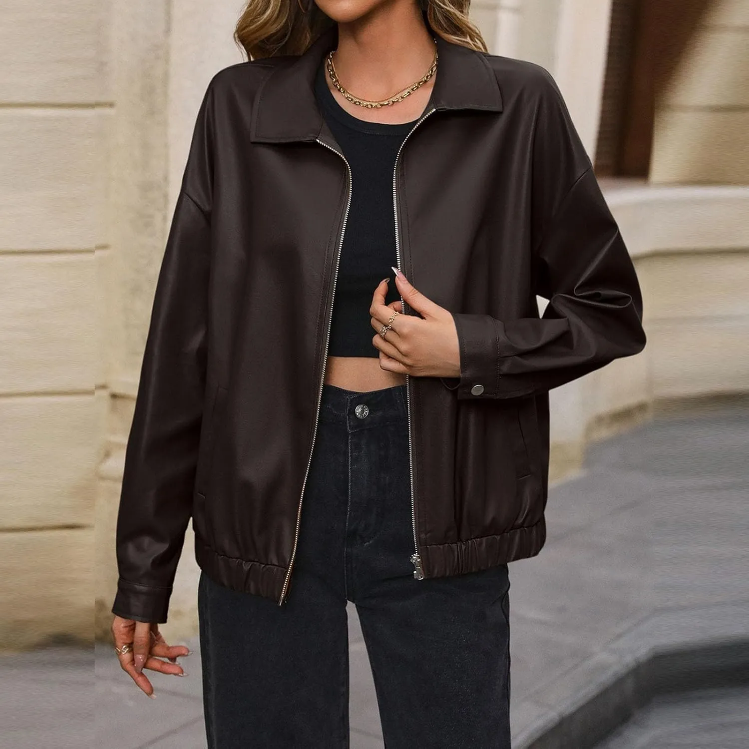 Women Leather Jacket Casual Zip Up Trendy Bomber Motorcycle Jacket Pu Moto Biker Coat Leather Shacket Outwear 2024