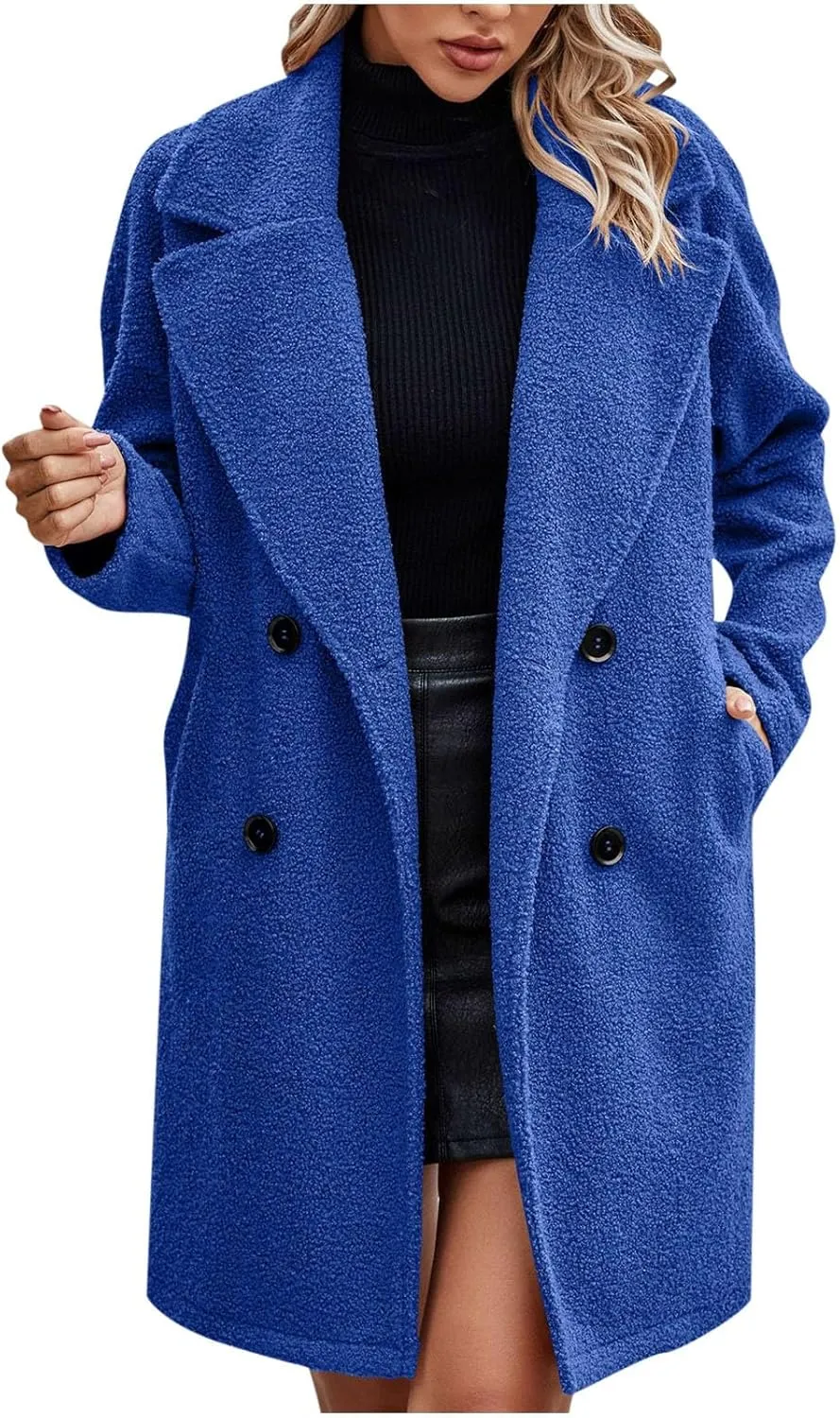 Women Long Sherpa Coats Lapel Fuzzy Trench Jackets Winter Fleece Outerwear Button Cardigan with Pockets
