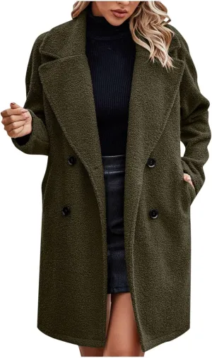 Women Long Sherpa Coats Lapel Fuzzy Trench Jackets Winter Fleece Outerwear Button Cardigan with Pockets