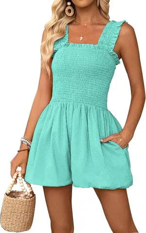 Women Rompers Summer Casual Ruffle Straps Jumpsuits Solid One Piece Shorts with Pockets Beach Outfits Cute L