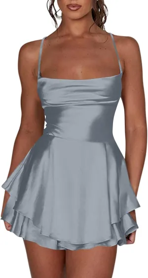 Women Sexy Short Romper Satin Dress Backless Tie-Up Spaghetti Strap Ruffle Layer Jumpsuit Summer Mini Dress