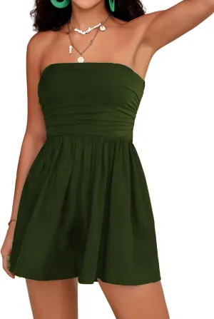 Women Summer Casual Strapless Rompers Tube Top Shorts Jumpsuit Sleeveless Off Shoulder Sexy Beach Romper with Pocket