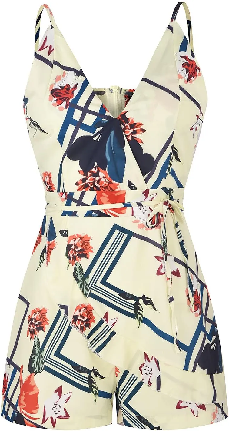 Women Summer Pinafore Rompers Fashion Bandage V-Neck Sleeveless Casual Printing Short Jumpsuit Onesie Lounge Outfits