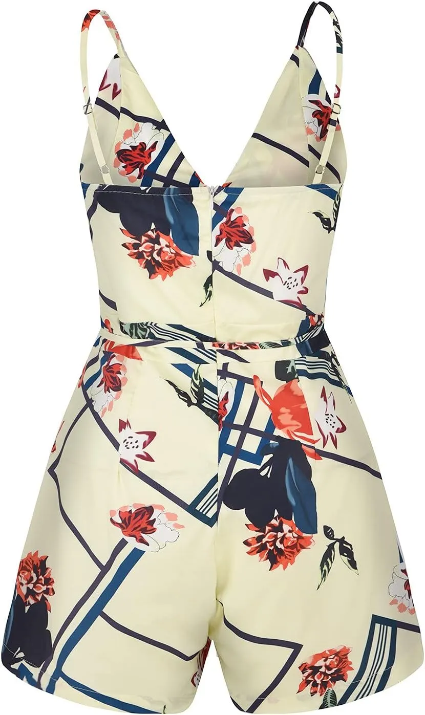 Women Summer Pinafore Rompers Fashion Bandage V-Neck Sleeveless Casual Printing Short Jumpsuit Onesie Lounge Outfits
