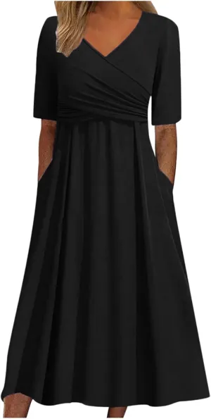 Women Summer Short Sleeve Casual Dresses V-Neck Floral Party Dress with Pockets Vintage Short Sleeve Flared Midi Summer Dress