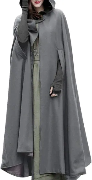 Women Trench Coat Cloak Hooded Long Open Front Cape Coats Poncho Batwing Poncho Cardigan Gray