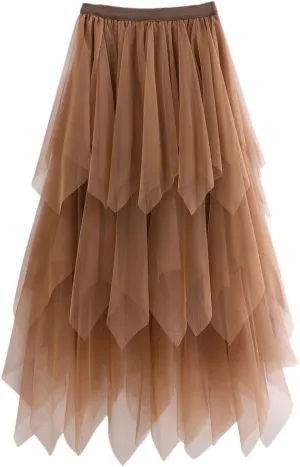 Women Tulle Skirts Womens Irregular Elastic High Waist Mesh Skirt Pleated Long Skirts Midi Skirts