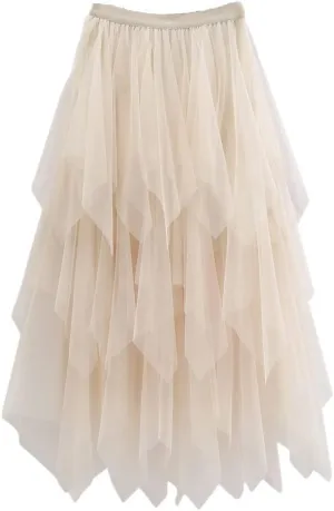 Women Tulle Skirts Womens Irregular Elastic High Waist Mesh Skirt Pleated Long Skirts Midi Skirts