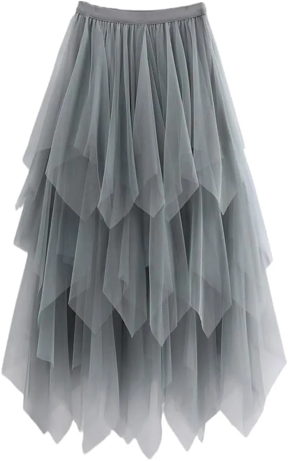 Women Tulle Skirts Womens Irregular Elastic High Waist Mesh Skirt Pleated Long Skirts Midi Skirts