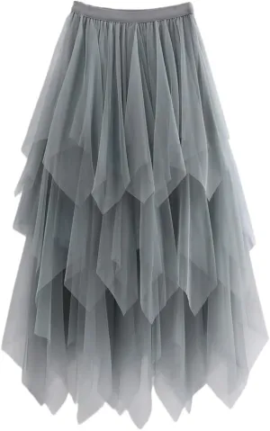 Women Tulle Skirts Womens Irregular Elastic High Waist Mesh Skirt Pleated Long Skirts Midi Skirts