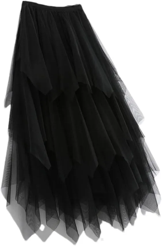 Women Tulle Skirts Womens Irregular Elastic High Waist Mesh Skirt Pleated Long Skirts Midi Skirts