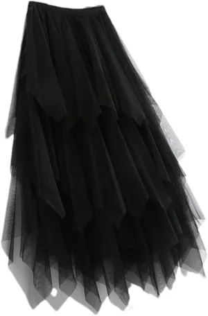 Women Tulle Skirts Womens Irregular Elastic High Waist Mesh Skirt Pleated Long Skirts Midi Skirts