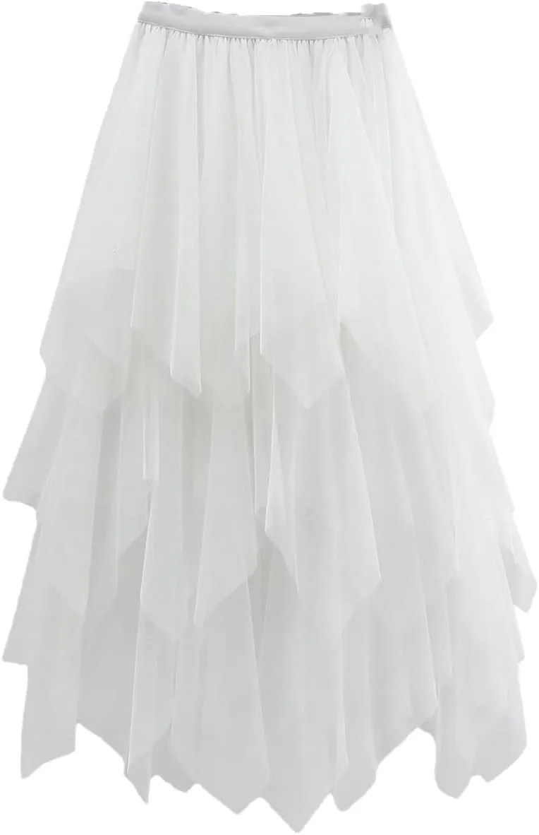 Women Tulle Skirts Womens Irregular Elastic High Waist Mesh Skirt Pleated Long Skirts Midi Skirts